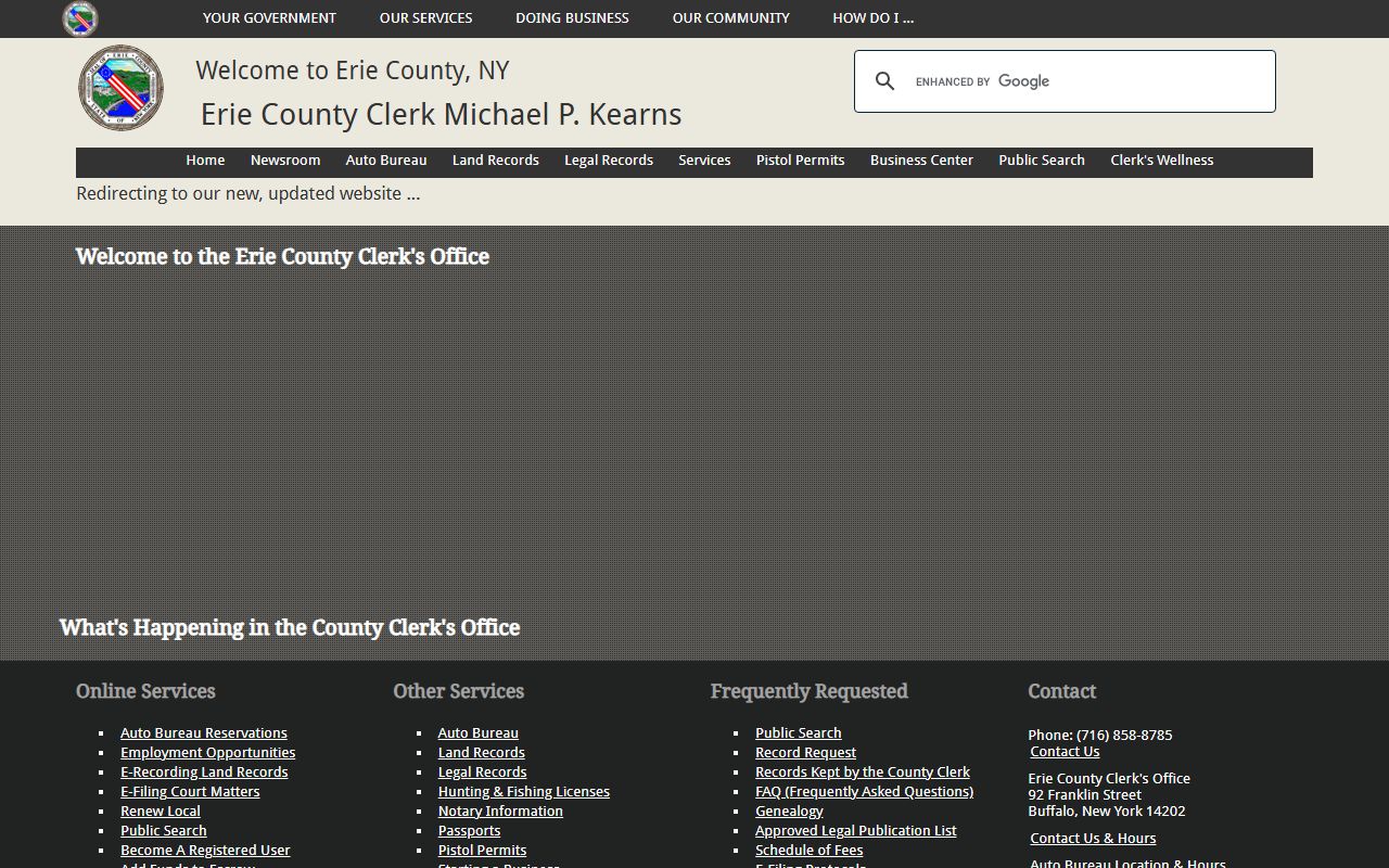 Erie County Clerk office website for background check records in Buffalo, New York