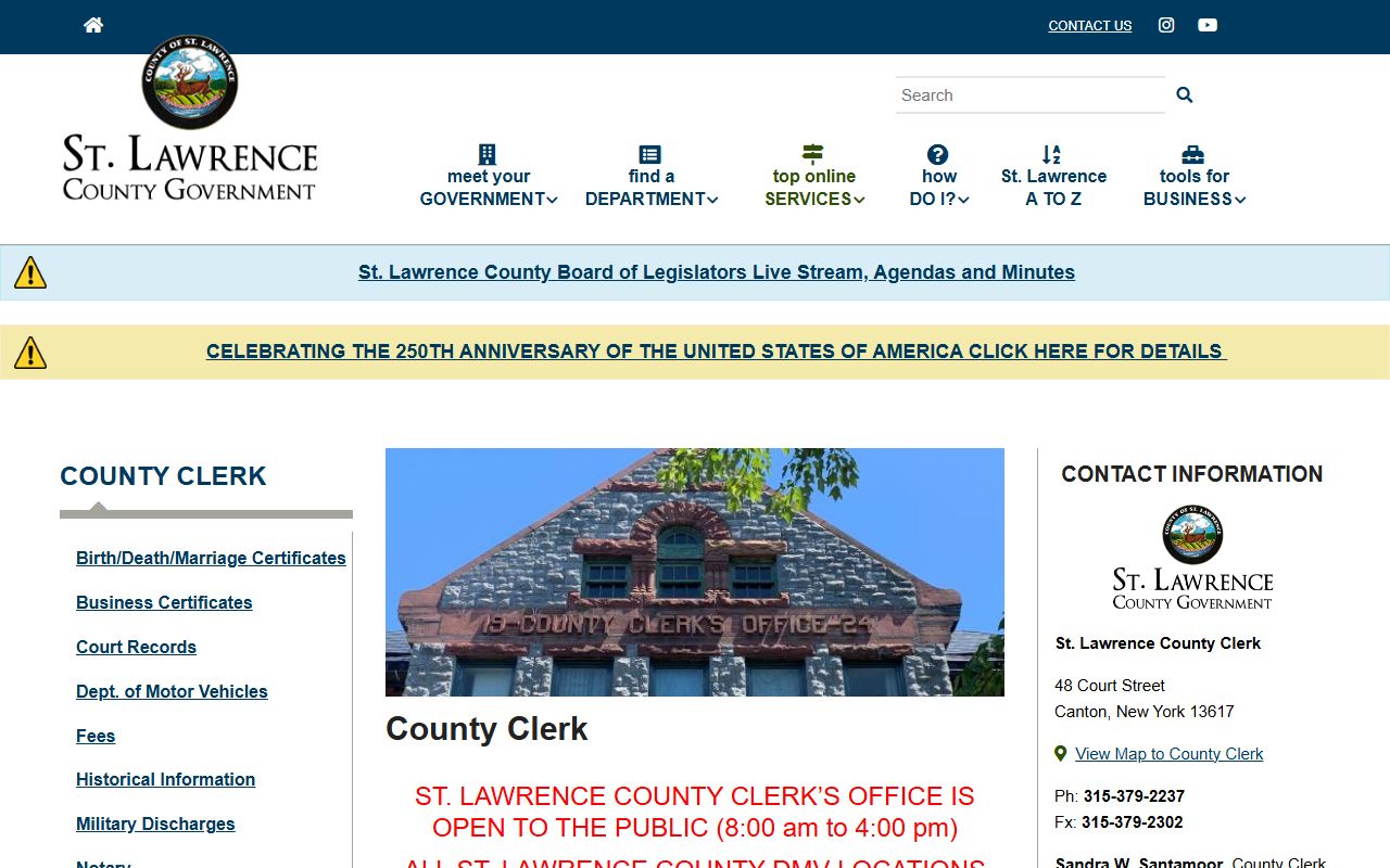 St. Lawrence County Clerk's Office in Canton for background check records