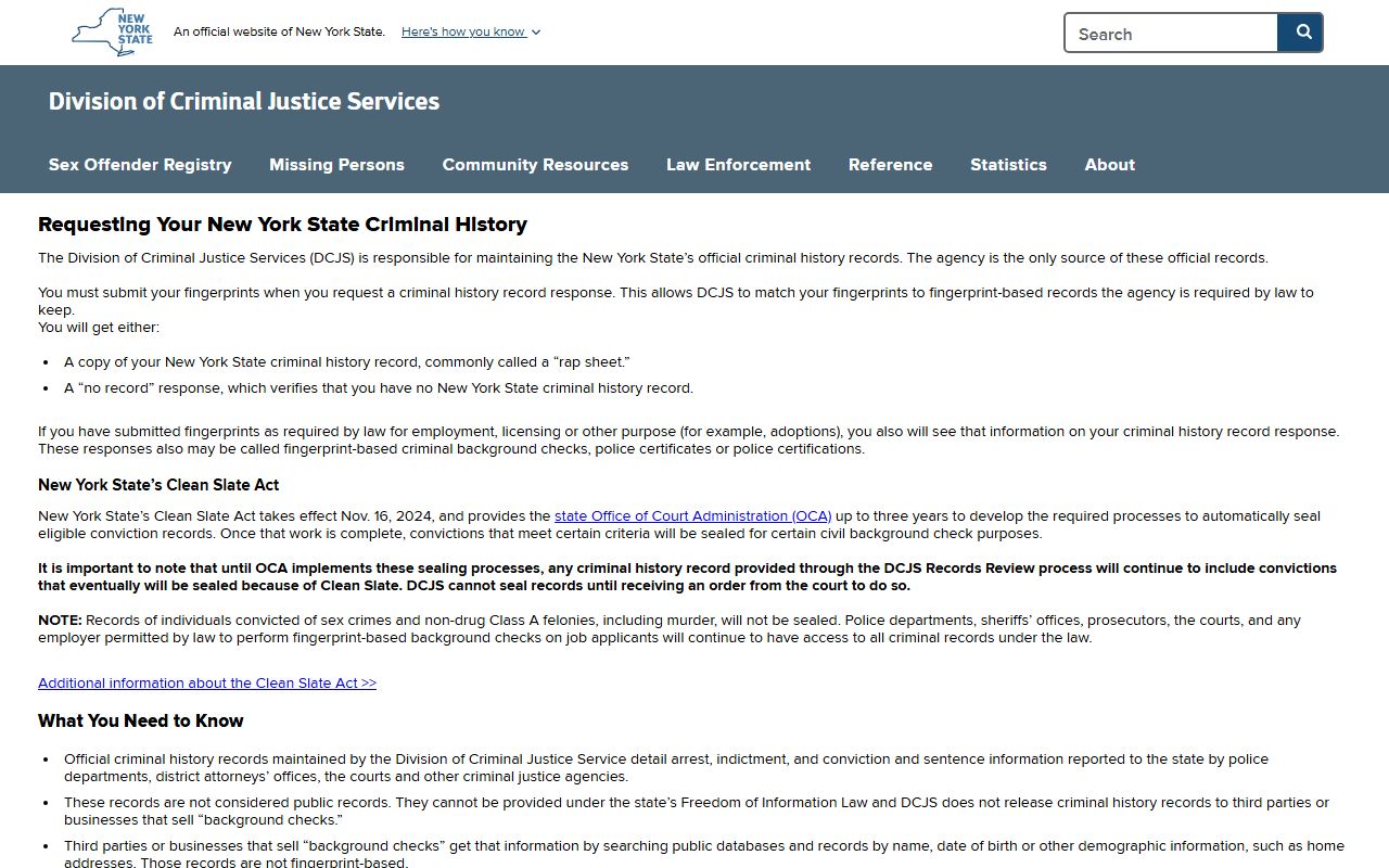 New York DCJS Criminal History Record Review portal for background check requests