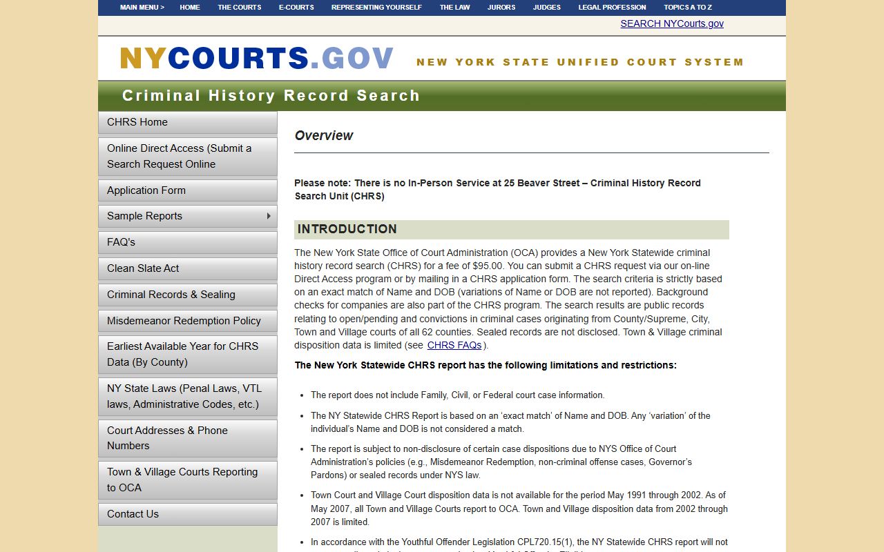 New York Office of Court Administration Criminal History Record Search system